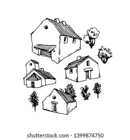 Vector sketch of trees and plants. Hand drawn vector landscape.