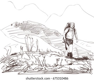 Vector sketch of trekking man with big backpack holding photo camera in his hand walking in wild on background of high mountains, Hand drawn illustration