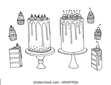 Vector sketch of trendy cakes and cupcakes decorated cream and chocolate glaze isolated on a white	
