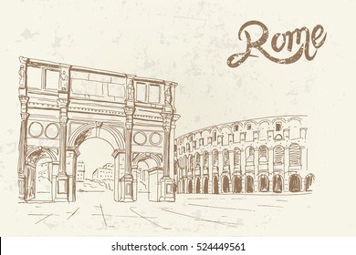 vector sketch of Triumphal arch and Coliseum. Rome. Italy.