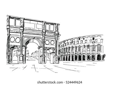 vector sketch of Triumphal arch and Coliseum. Rome. Italy.