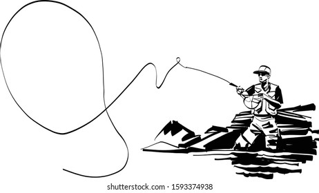 the vector sketch of the trout fisherman on the mounting river