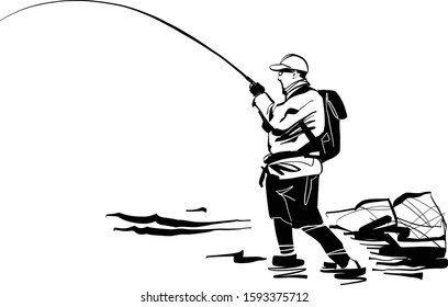 the vector sketch of the trout fisherman on the mounting river