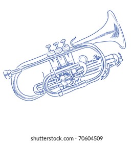 Vector sketch of a trumpet in blue ink