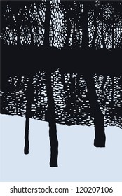 Vector sketch. Trunks of the trees against the backdrop of the lake in the winter forest