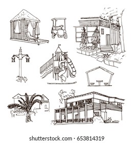 Vector sketch Turkish hotel. Hand drawn buildings and landscape elements. 