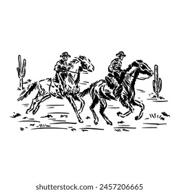 vector sketch of two cowboys on horseback with a unique and vintage design style