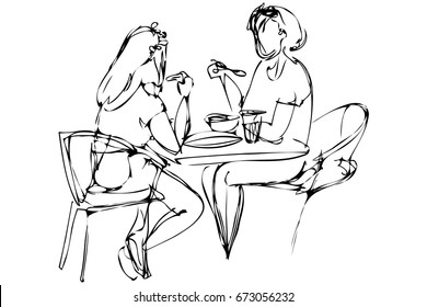 vector sketch two girls eat in cafe