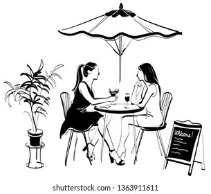 vector sketch of two girls in a summer cafe on the street. The umbrella, plant and board are painted separately - you can move them or remove them.