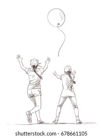 Vector sketch of two girls in summer clothes with long pigtails with arms raised up catching up flying away balloon, Hand drawn illustration isolated on white, Playing children