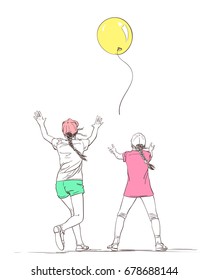 Vector sketch of two girls in summer clothes with long pigtails with arms raised up catching up flying away yellow balloon, Hand drawn illustration partly colored isolated on white, Playing children