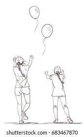 Vector sketch of two girls in summer clothes with long pigtails with arms raised up catching up flying away balloons, Hand drawn illustration isolated on white, Playing children