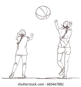 Vector sketch of two girls in summer clothes with long pigtails with arms raised up catching up beach ball, Hand drawn illustration isolated on white, back view, Playing children