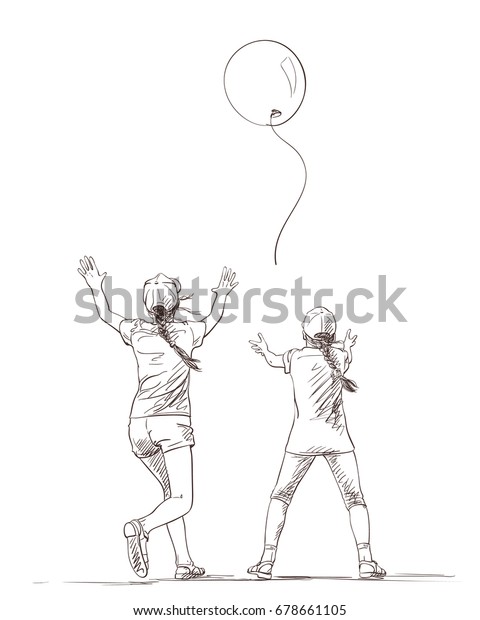 夏の服を着た2人の女の子と長いハトの腕を持ち 風船を飛び上がらせる姿を描いたベクター画像 白い背景に手描きのイラスト 子ども のベクター画像素材 ロイヤリティフリー