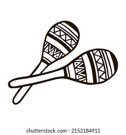 Vector sketch of two isolated mexican maracas decorated with ornaments. Doodle outline artwork.