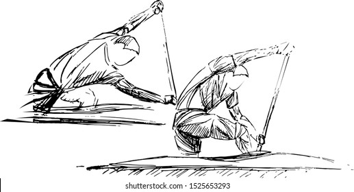 Vector sketch of two male canoeists paddling in synchronized motion during a flatwater race. Expressive ink strokes emphasize athletic effort and water dynamics.