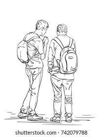 Vector sketch of two men standing with backpacks, back view. Hand drawn illustration isolated on white background