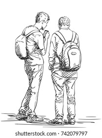 Vector sketch of two men standing with backpacks, back view. Hand drawn illustration with hatched shades isolated on white background