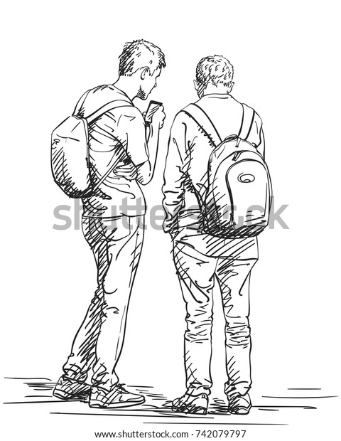 Vector Sketch Two Men Standing Backpacks Stock Vector (Royalty Free ...