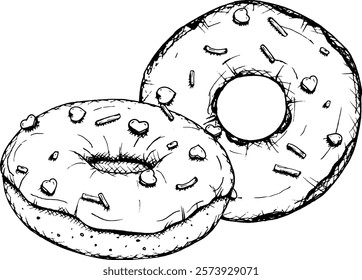 Vector sketch of two round donuts with icing and sprinkles in the shape of a heart. Hand drawn with a liner, perfect for Valentine s Day designs, menu, packaging and branding. Romantic and sweet vibes