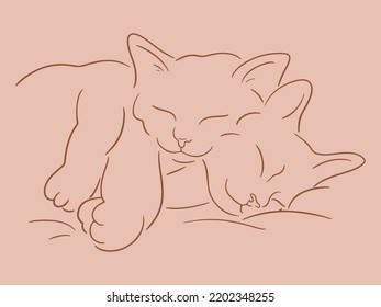 Vector sketch of two sleeping kittens cuddle and purr. Cute cats sleep together. Pets friendly concept