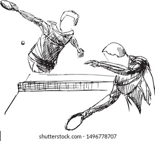 Vector sketch of two table tennis players in mid-match action. Hand-drawn black ink lines capture intensity, coordination, and fast-paced rally at the net on a clean background.