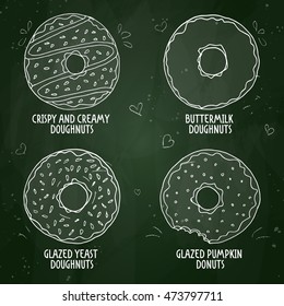 Vector sketch types of donuts on a blackboard