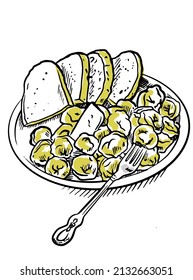 Vector sketch of Ukrainian national dish pelmeni with bread