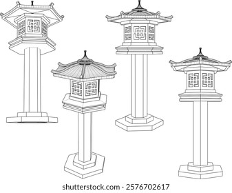 Vector sketch of unique classic vintage Chinese traditional garden lamp decoration