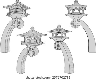 Vector sketch of unique classic vintage Chinese traditional garden lamp decoration