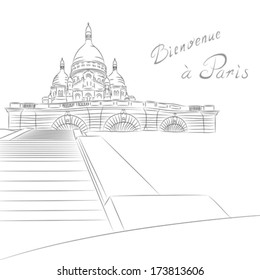 Vector sketch of urban landscape with church of Sacre Coeur in Paris 