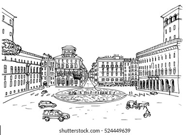 vector sketch of urban scene in Rome (Piazza Venezia). Italy.