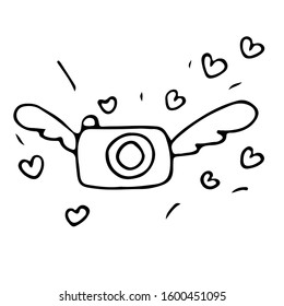 Vector sketch for Valentine's Day. Doodle winged retro camera with hearts around. The mood of joy, lovingness, youth and carelessness. Style outline isolated on white background.
