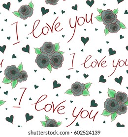 Vector sketch. Vector Valentines day seamless pattern with small and big hearts, love text, flower in green and red colors on white background. Seamless design backdrop for wedding invitation cards.