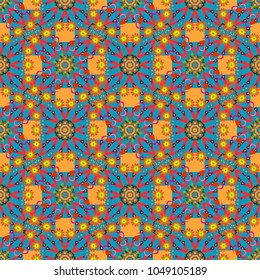 Vector sketch. A variety of shapes and floral elements. Seamless pattern abstract mandalas in red, blue and orange colors. For desktop, Wallpaper for trance, meditation, serene paints combinations.