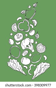 Vector sketch of vegetables: greens, cherry tomatoes, onions, cucumber, lettuce, broccoli. Hand drawn illustration