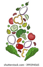 Vector sketch of vegetables: greens, cherry tomatoes, onions, cucumber, lettuce, broccoli. Hand drawn colorful illustration isolated on white