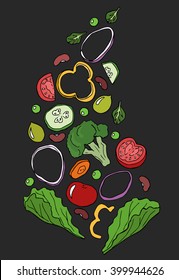 Vector sketch of vegetables: greens, cherry tomatoes, onions, cucumber, lettuce, broccoli. Hand drawn colorful illustration isolated on white