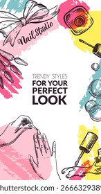 Anuncio de Vertical de boceto de Vector con manos, herramientas de manicura, lacas y manchas de acuarela. Concepto para anuncios de salón de uñas, carteles de estudio de belleza, historias de redes sociales de spa y diseño de cuidado de moda