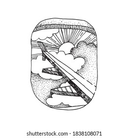 Vector. Sketch. View from the airplane window. Clouds and sun. Black and white.