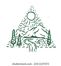 vector sketch with a view of a campsite and a waterfall in a unique and simple drawing style