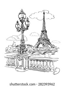 vector sketch of a view of the river Seine with a lantern