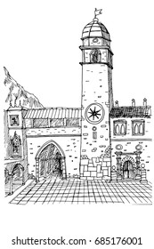 Vector sketch of View of Stradun street in old Dubrovnik. Croatia.