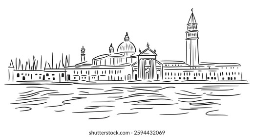 vector sketch view of venice skyline with basilica and bell tower, hand drawn historic cityscape illustration