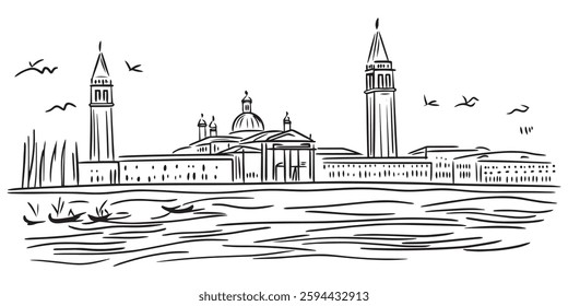 vector sketch view of venice skyline with basilica, towers and sea, hand drawn historic cityscape illustration