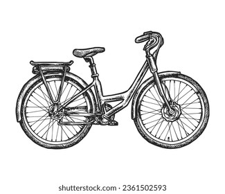 Vector sketch of vintage bicycle. Hand drawn retro bike. Sign with wheel and pedal transport or isolated silhouette for biking or ride. City transportation and travel. Engraving and etching sign