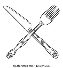 Vector Sketch Vintage Crossed Fork and Knife.