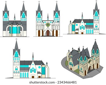 Vector sketch of vintage old church architecture illustration with twin high towers and big windows