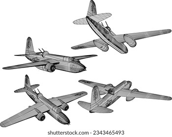 Vector sketch of vintage old classic airplane flying in sea for battle