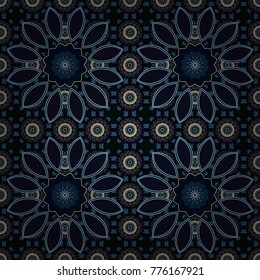 Vector sketch. Vintage seamless pattern for print. Invitation, wedding card, national design. Mandala abstract colorful gray, black and blue background. Decorative arabic round lace ornate mandala.